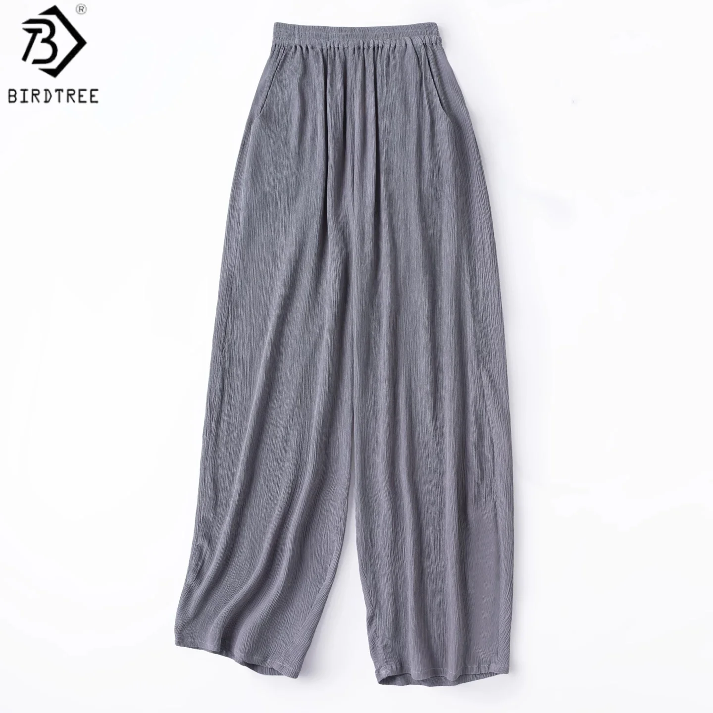 

Birdtree, 100% Real Silk Solid Pants, Women's Bark Crinkle Pocket Casual Harem Trousers, Elastic Waist, 2026 Summer New P64019JF