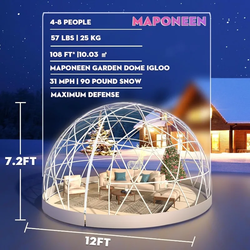 12FT Garden Dome lgloo, Geodesic Dome Greenhouse with PVC Clear Cover, Waterproof Garden Bubble Dome Tent House with