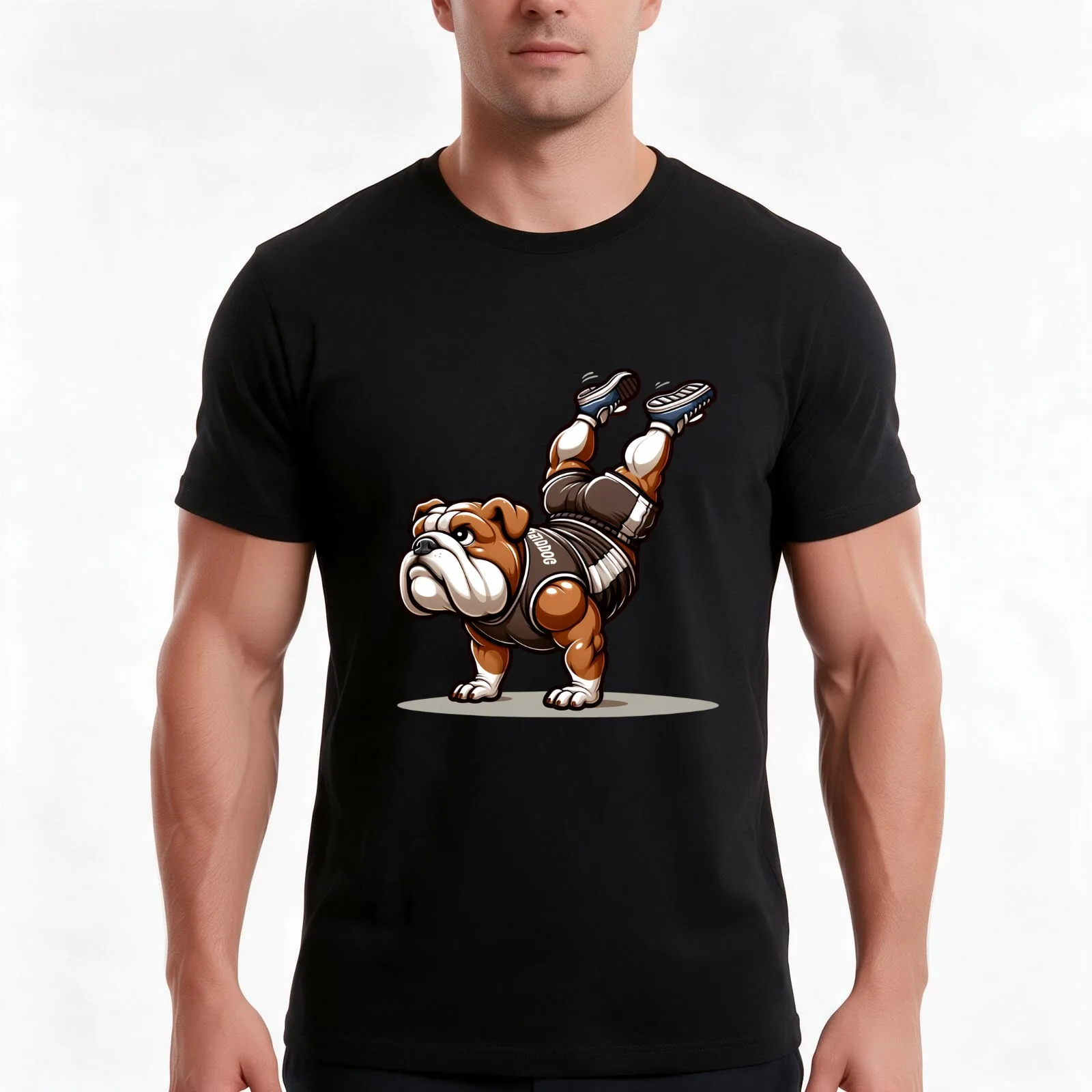 Handstand Hero: Bulldog Upside-Down Power T-Shirt, Summer Casual Cotton Tee, Oversized Streetwear Tops, Vintage Graphic Print