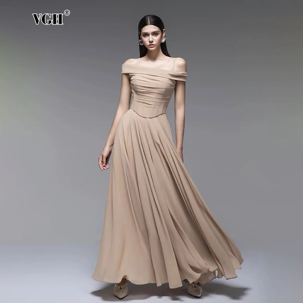 

VGH Elegant Folds Off Shoulder Backless Evening Dresses For Women Slash Neck High Waist Solid Temperament Long Dress Female New