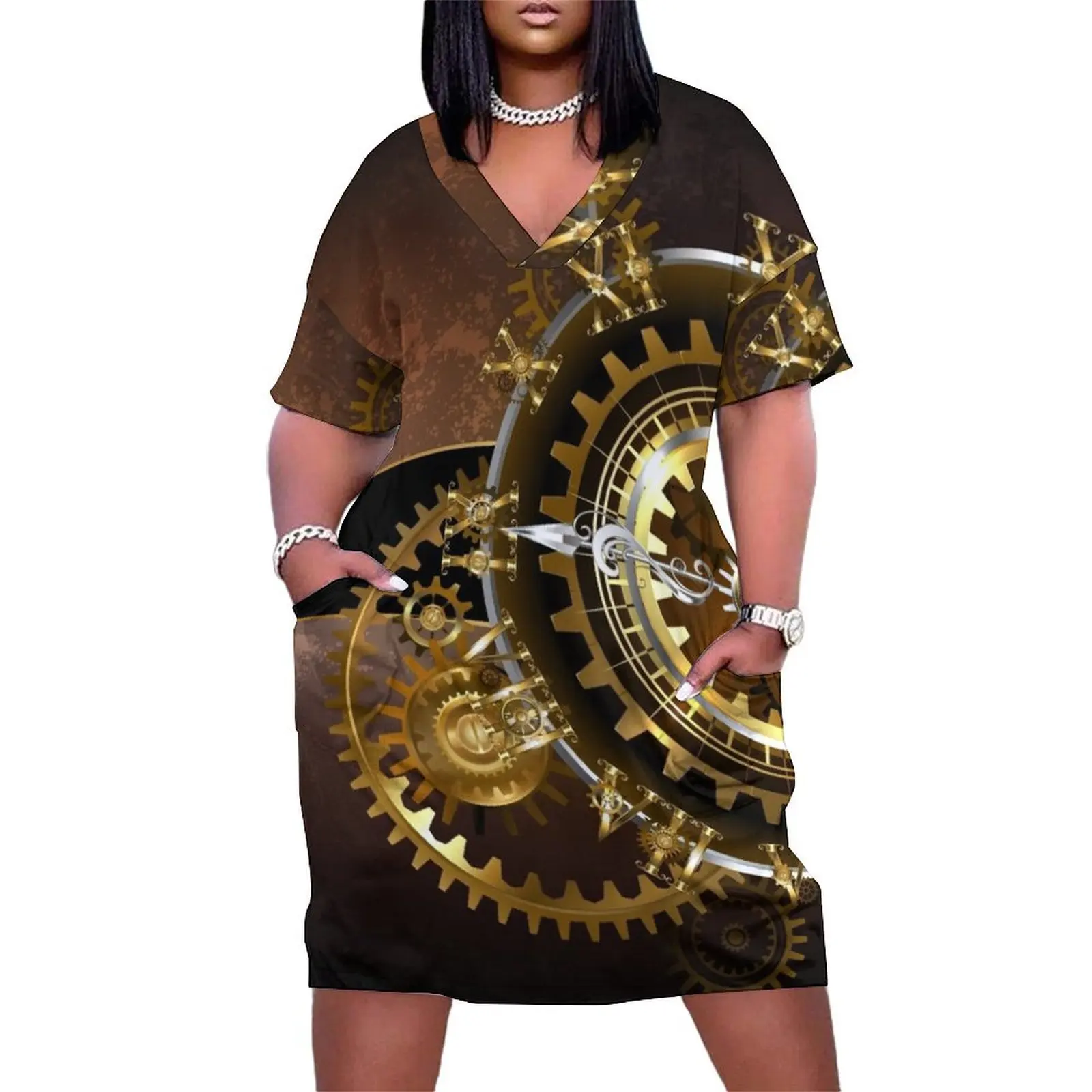 Clock with Gears ( Steampunk Clock ) Loose Pocket Dress Aesthetic clothing women's summer jumpsuit