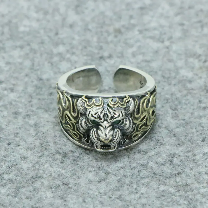 

925 Sterling Silver Vine Pattern Tiger Head Men's Ring INS Fashion Brand Retro Retro Retro Personalized Couple Index Finger Ring