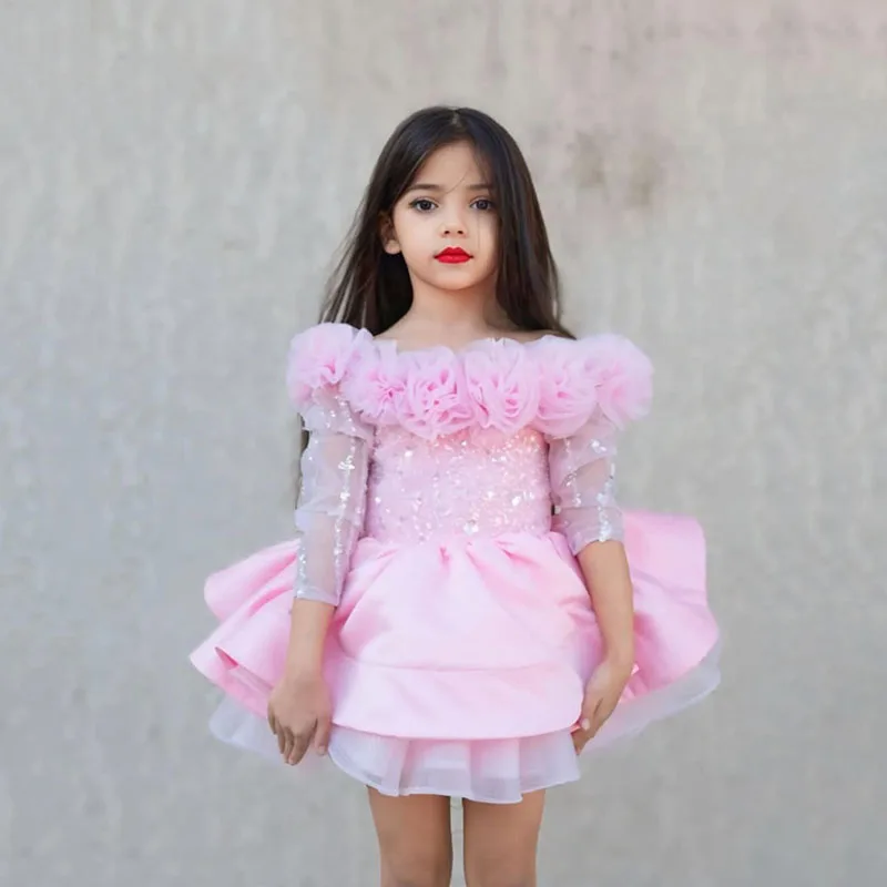 

2025 Flower Girl Dress Puffy Wedding Tulle Flower Sequines Princess Dresses Kids Party Birthday Ball Gown Customized