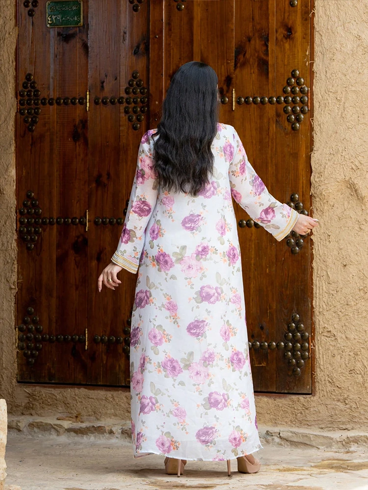 TOLEEN femmes robes au sol moyen-orient ample imprimé fleuri Robe pour femmes musulmanes à manches longues et Robe de soirée élégante