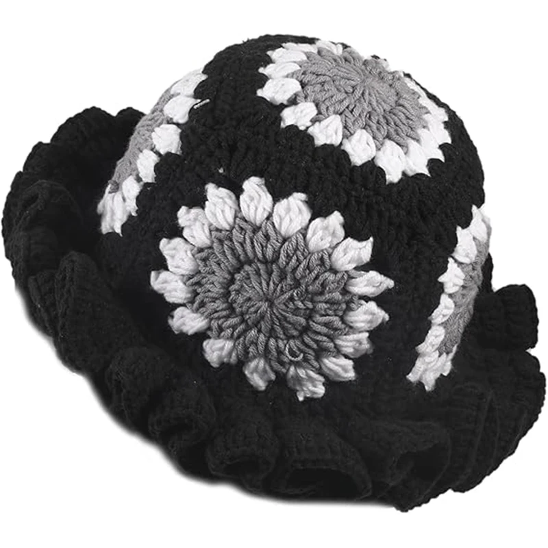 

Crochet Bucket Hat Women Flower Trendy Knit Floppy Ruffled Cute Boho Handmade Beanies Outdoor Travel Fishing Hat