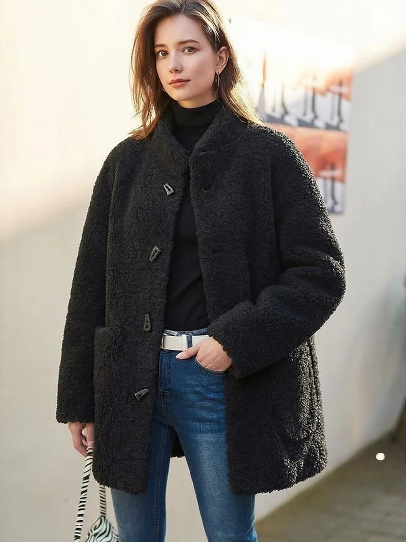 ZADORIN Premium Teddy Coat Mid Length Faux Lamb Fur Coat Woman Stand Collar Warm Loose Faux Fur Jackets Chic Winter Womens Coat