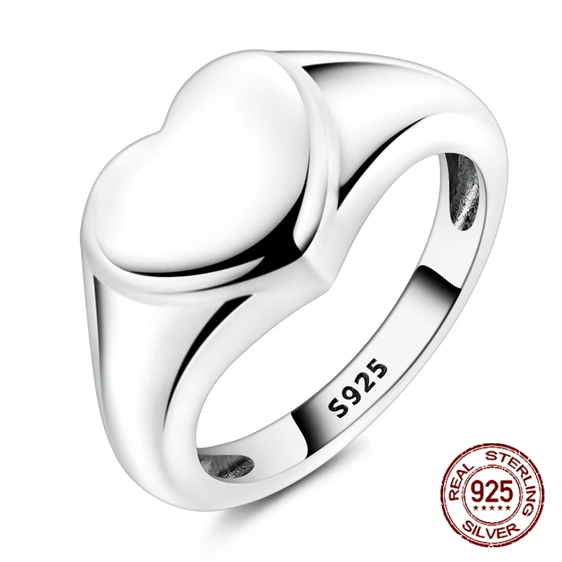 925 Sterling Silver Heart Signet Ring Polished Blank Top Minimalist Statement Ring Hypoallergenic Jewelry Gift for Women & Girls
