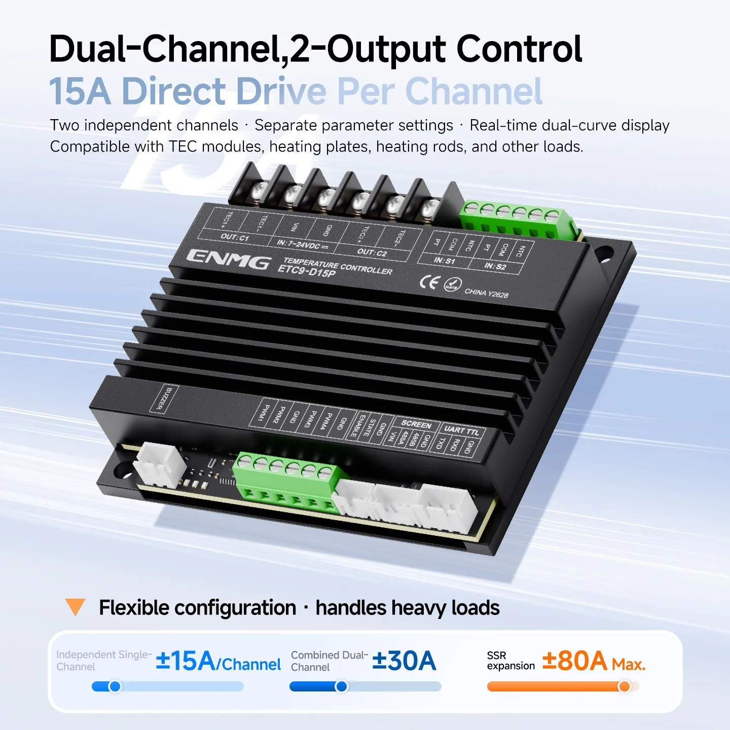 ENMG High Precision PID Temperature Controller Dual Channel 15A TEC Semiconductor Cooling Heating RS485 Modbus Industrial