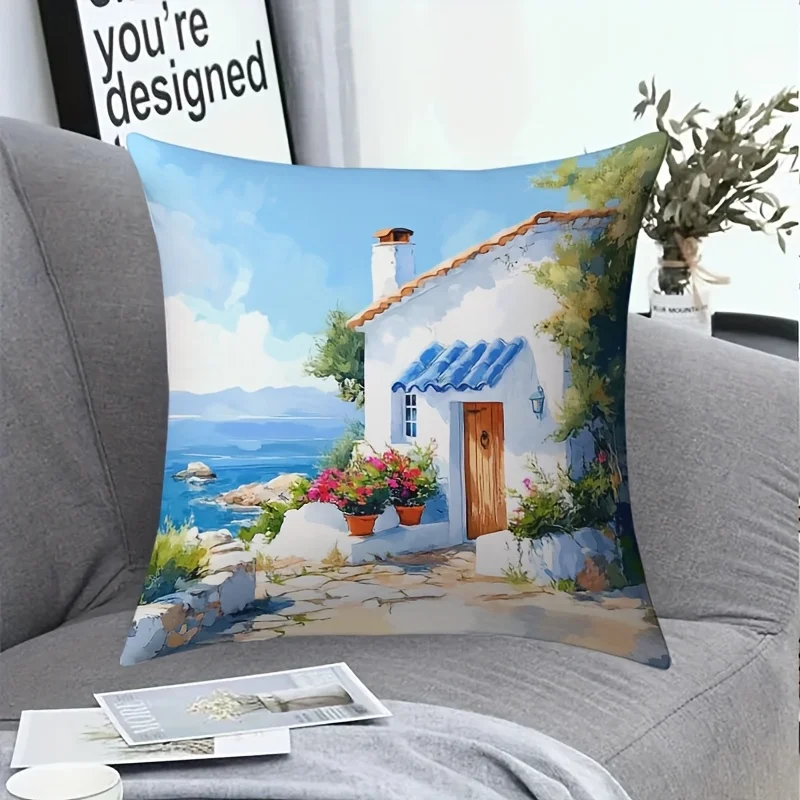 1pcs Mediterranean coastal scene pillow cover watercolor style polyester 45x45cm for sofa bedroom home decor machine washable