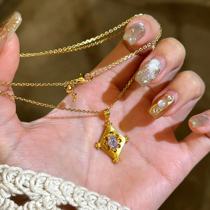 Vintage charms purple crystal collar chain brushed diamond pendant necklace light luxury inlaid banquet jewelry gifts