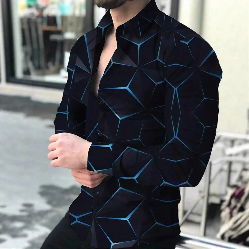 

100% Polyester Men Spring Autumn Long Sleeve Shirt 3D Digital Print Casual Button Shirt Tops