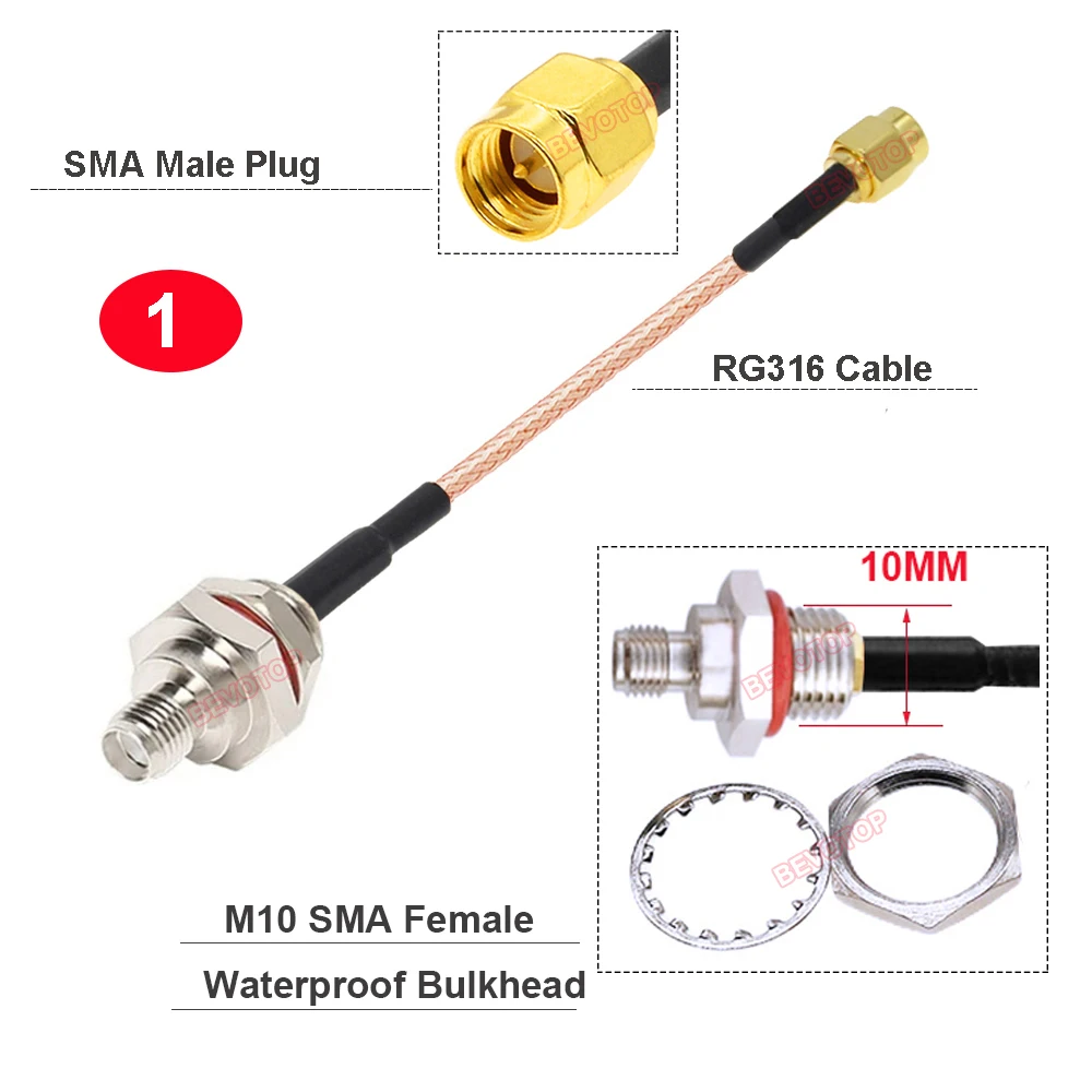 Imagem -02 - Bevotop-cabo de Jumper Coaxial rf Impermeável M10 Sma Rp-sma Anteparo Feminino para Rp-sma Masculino 50ohm Rg316 M10 10 Pcs Lot