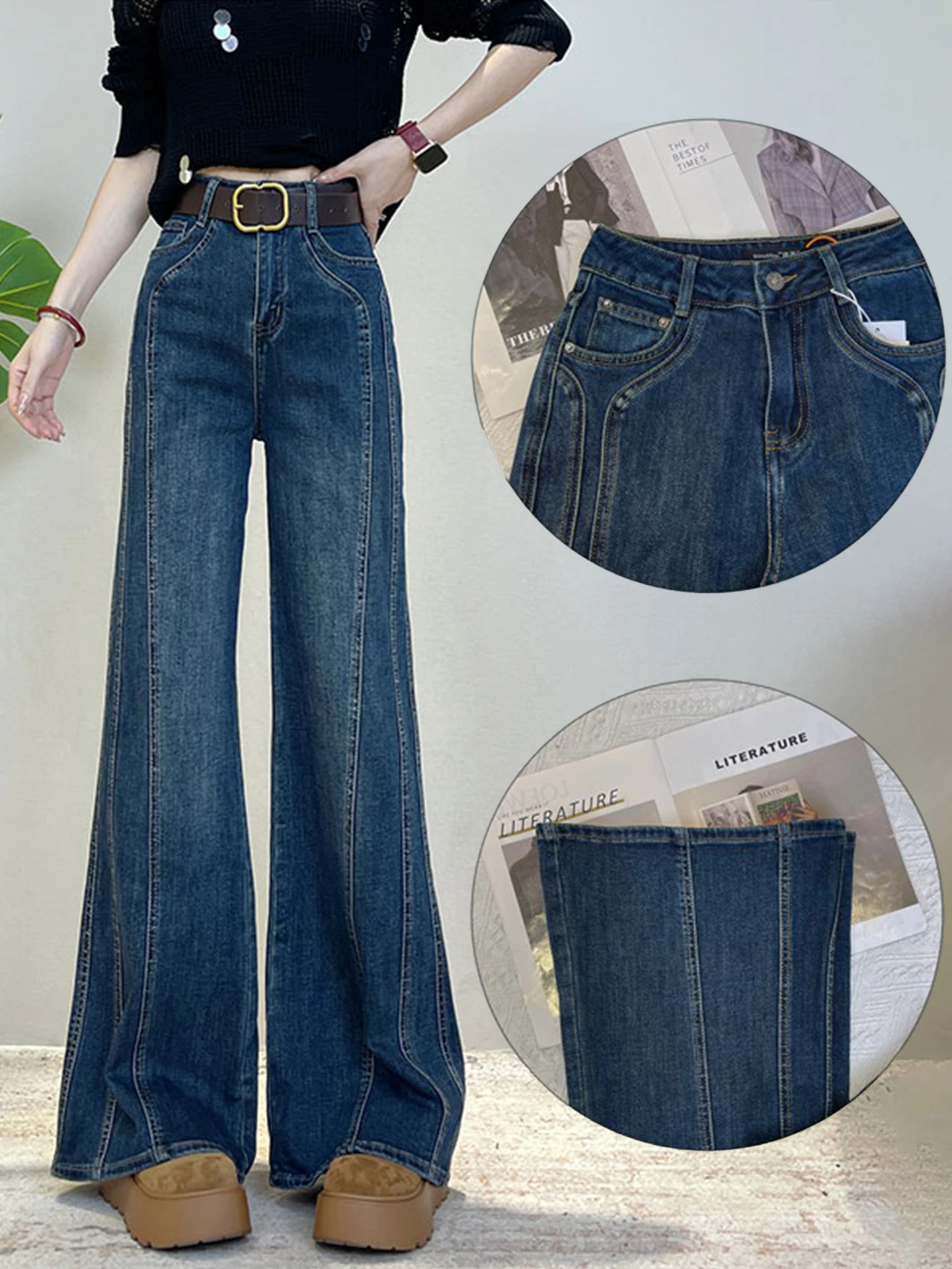 

High Waist Flared Jeans Women's Spring Autumn Winter New Retro Slimming Fleece Straight Leg Micro Flared Pants Casual Cotton ...