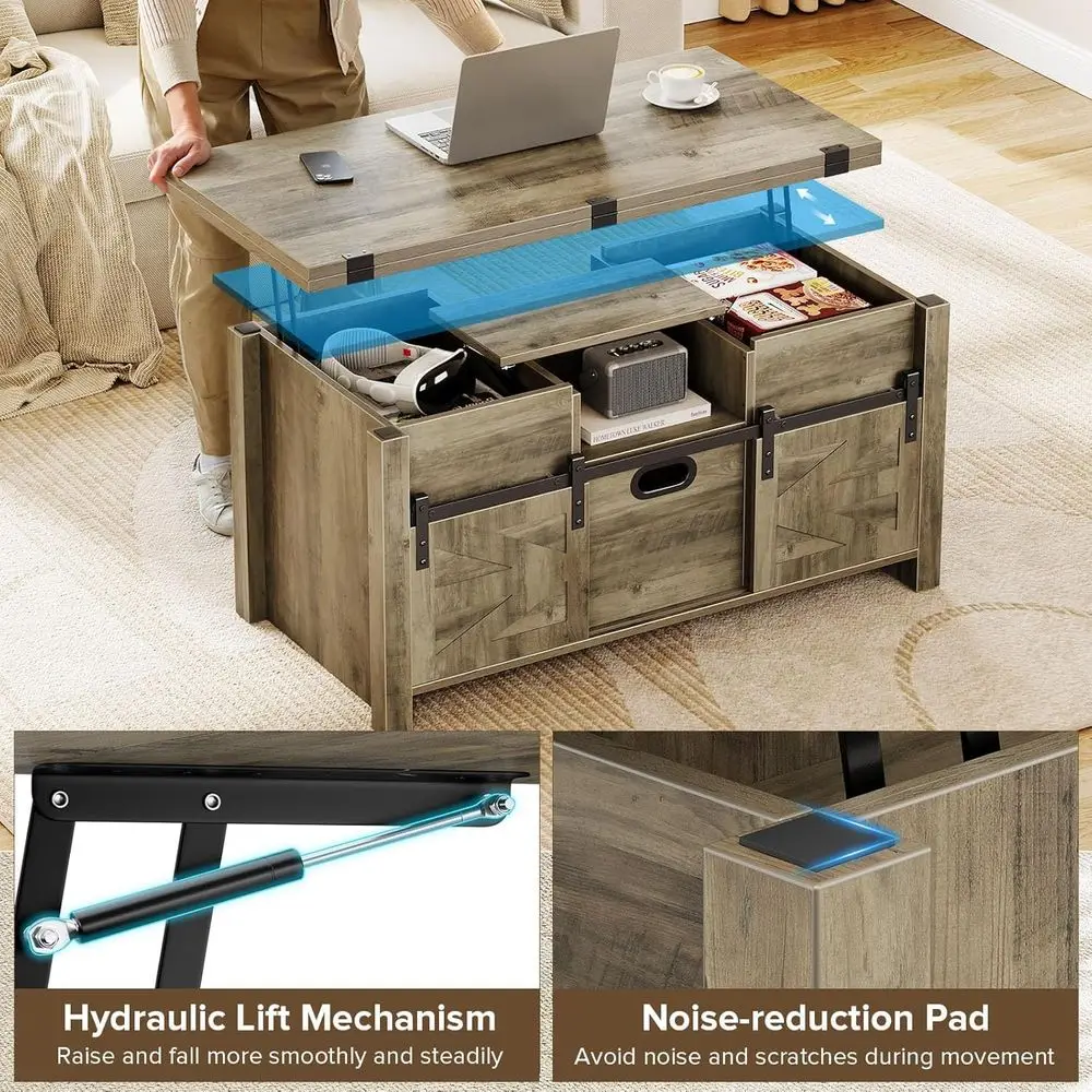 طاولة قهوة قابلة للتحويل 4 في 1 باللون الرمادي مع باب الحظيرة المنزلقة وأدراج تخزين ومقصورات مخفية #6