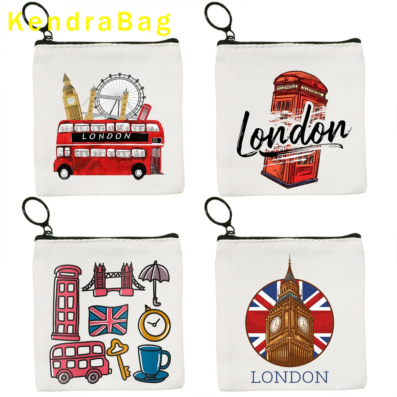 British London Bus Big Ben Bridge England Flag Map Phone Booth Key Case Coin Purse Canvas Bags Pouch Cotton Wallet Zipper Gifts