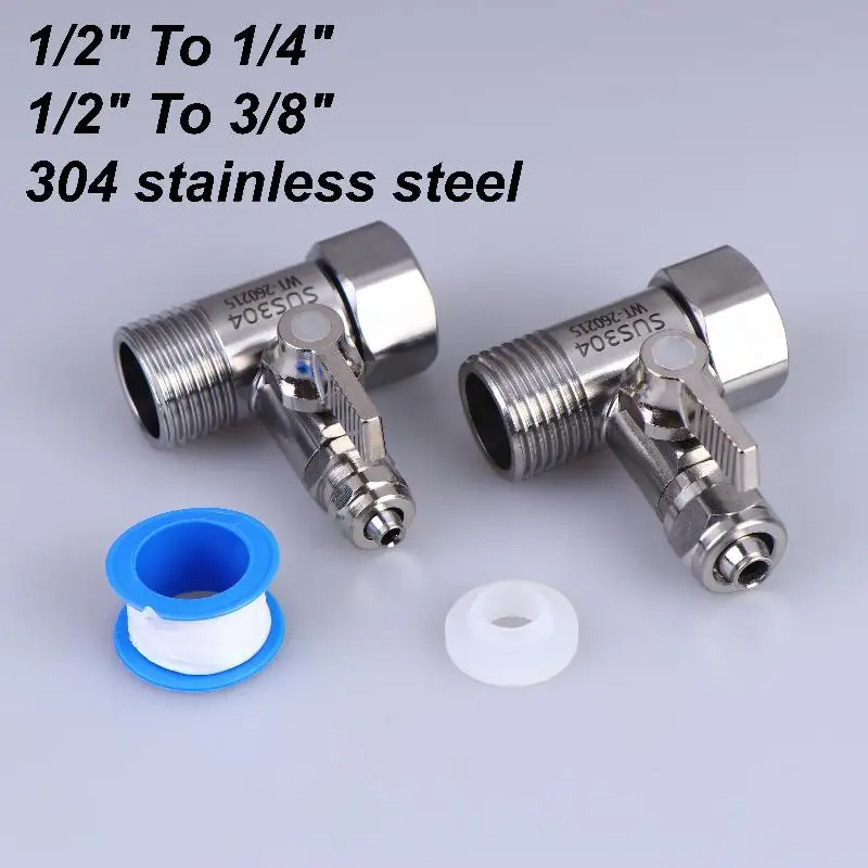 1 Set RO Feed Water Adapter 1/2 to 1/4 3/8 Inch With Shut Off Valve Long Lasting Brass for Under Sink Filter