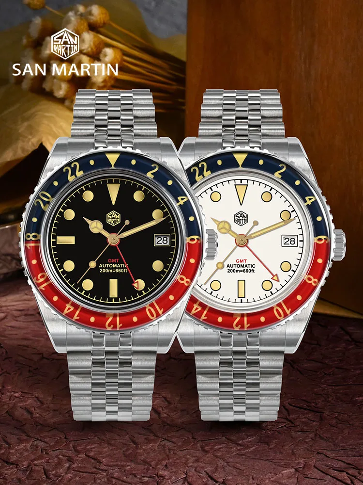 San Martin NH34 40mm GMT luksusowy styl sportowy w pełni świecąca dwukierunkowa szafirowa ramka automatyczny zegarek mechaniczny 20 Bar SN0005