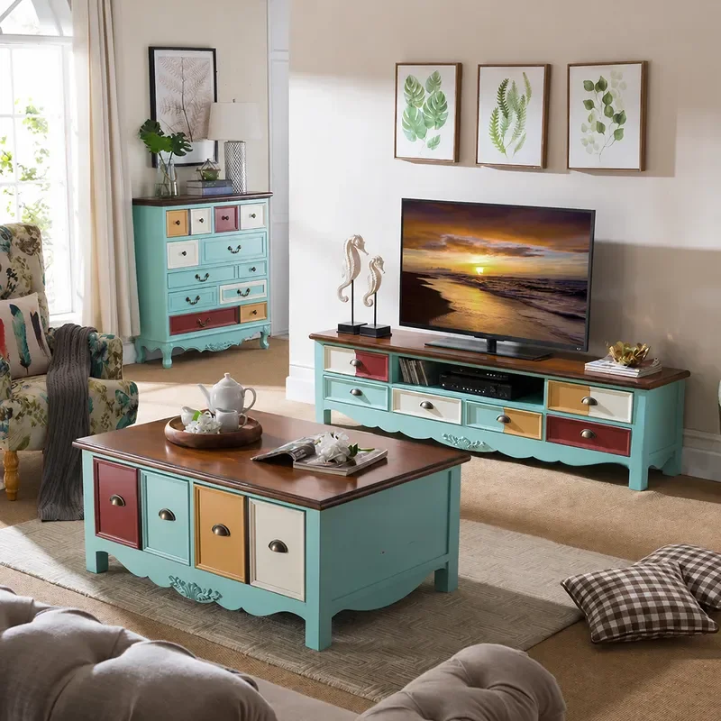 American Style Solid Wood Coffee Table and TV Cabinet Combo Mediterranean Living Room Furniture Blue Audio Visual Floor