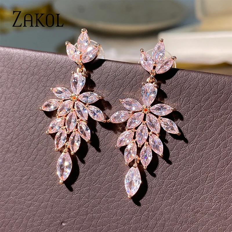 ZAKOL Korea Marquise Zircon Leaf Dangle Earrings for Women Fashion Bridal Wedding Party Jewelry Drop Shipping EP2168