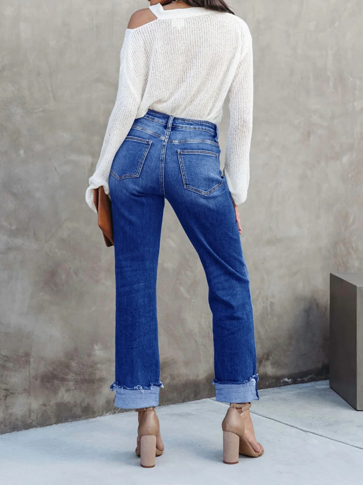 Crossover High Waisted Straight Leg Jeans Women Hem Cuffed Stretch Denim Pants Fashion Vintage Streetwear Slim Fit Trousers