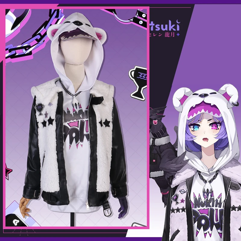 The Vtuber Cos Selen Tatsuki Cosplay Sweet Bear Ear Hoodie with Plush Coat daily Costume female full set B