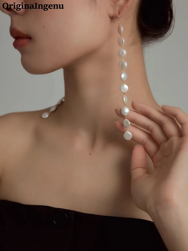 

14K Gold Filled Natural Pearl Long Earrings Handmade Organic Baroque Pearl Jewelry Minimalist Hypoallergenic Earrings