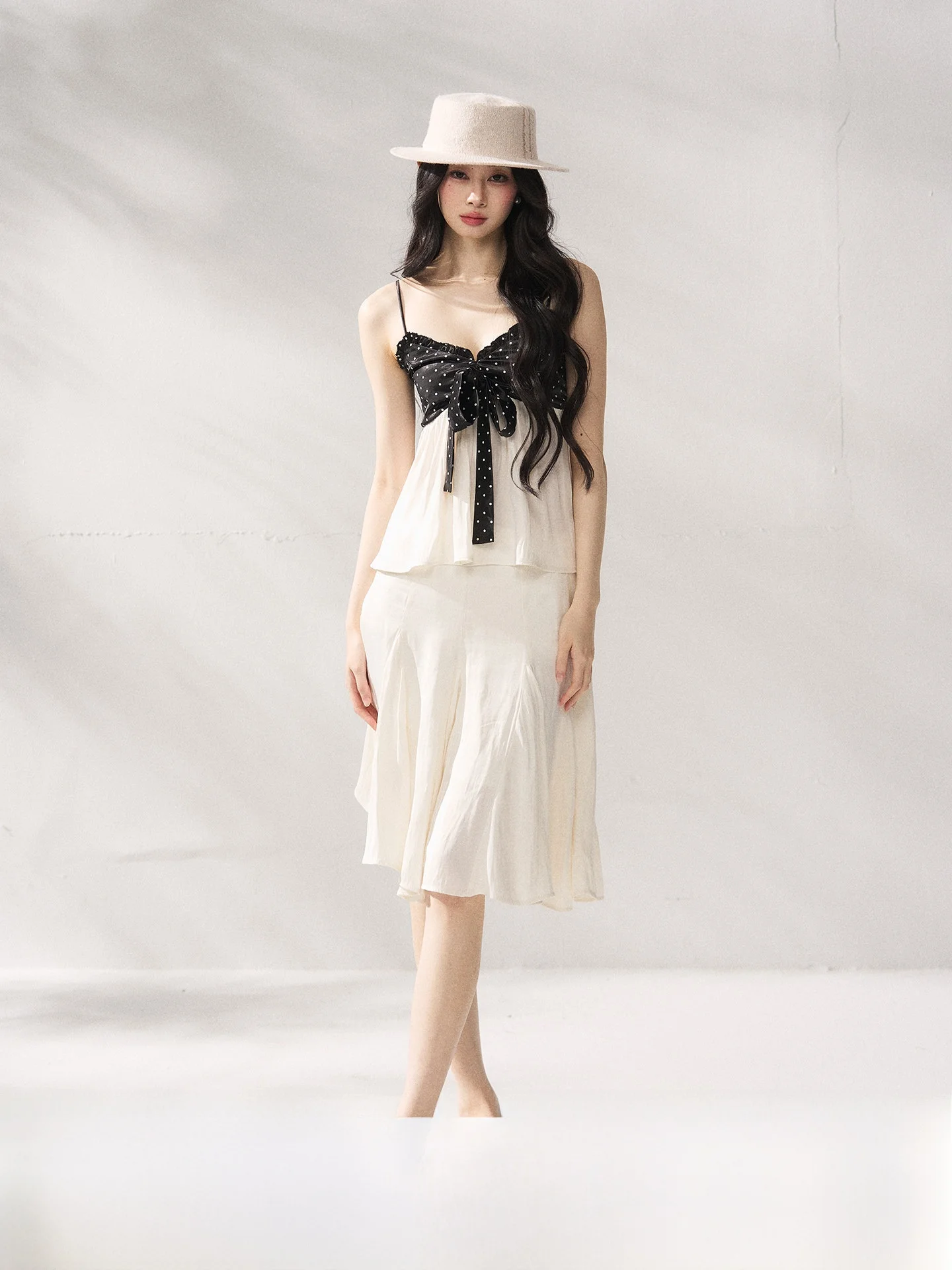 

7Shiftin Original Design Polka Dot Halter Midi Skirt with Bow Tie High Waist Fashionable Two Piece Set for Women