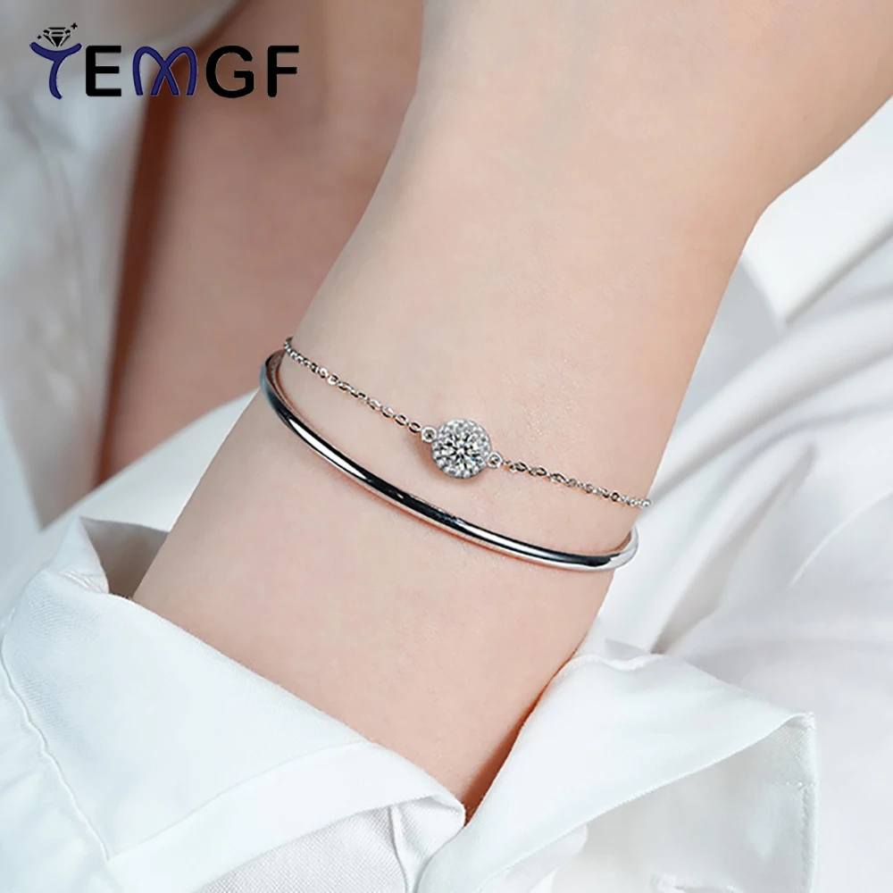

TEMGF S925 Silver Stacked Opening Bangles Certified 5mm Moissanite Charm Adjustable Bracelet for Women Wrist Fine Jewelry Gifts