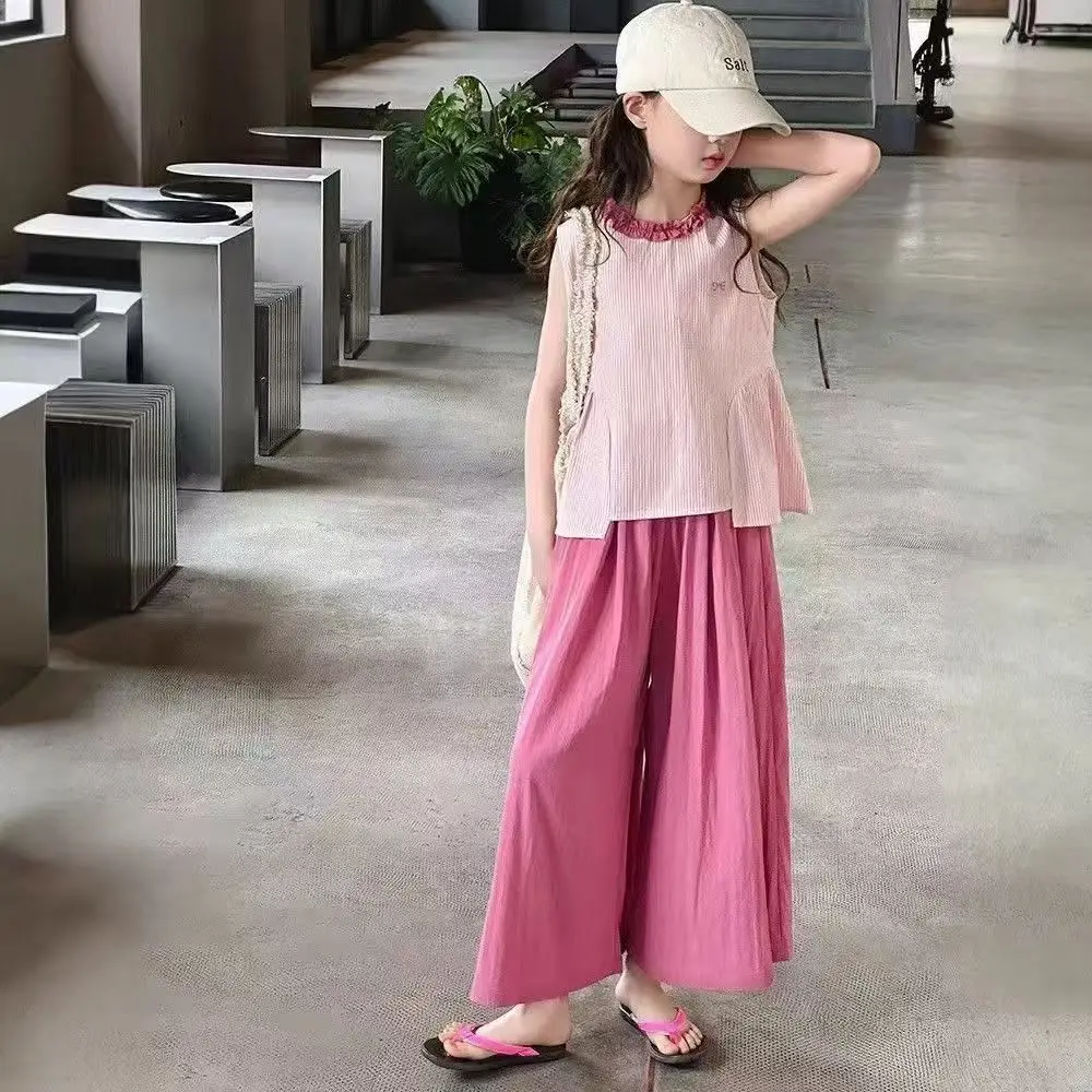 2026 summer child teens Girl Cloth set striped tank vest top sleeveles T-shirt + loose full wide leg pants 4 5 12 9 8 10 Year