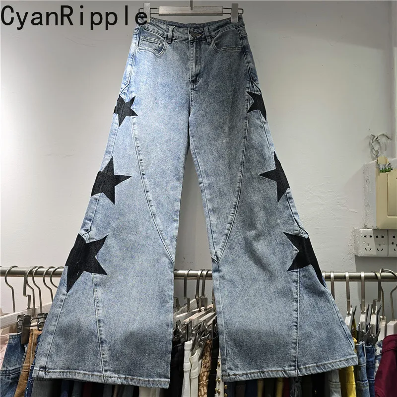 American-style High Street Spice Girls Five-pointed Star Embroidery Denim Trousers All-match Autumn High Waist Blue Flare Jeans