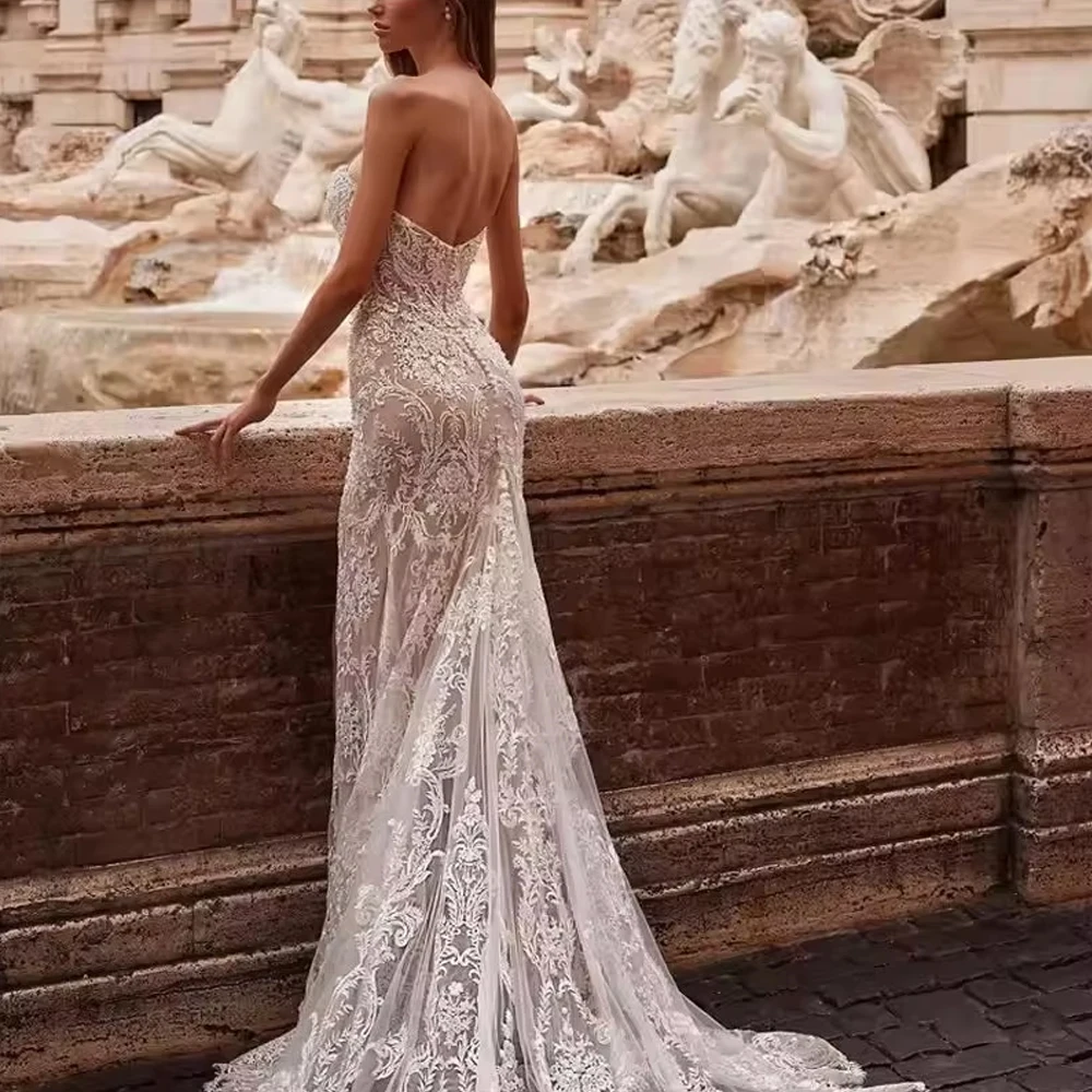 Customized Sexy V Neck Hollow Wedding Dresses For Woman Bride  Appliques Luxury Strapless Mermaid Wedding Party Bridal Gown
