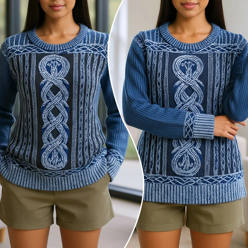 

Women's 2025 Nordic Cable Knit Digital Print Sweater - Vintage Braided Design, Chunky Knit, Relaxed Fit, Autumn/Winter Festive M