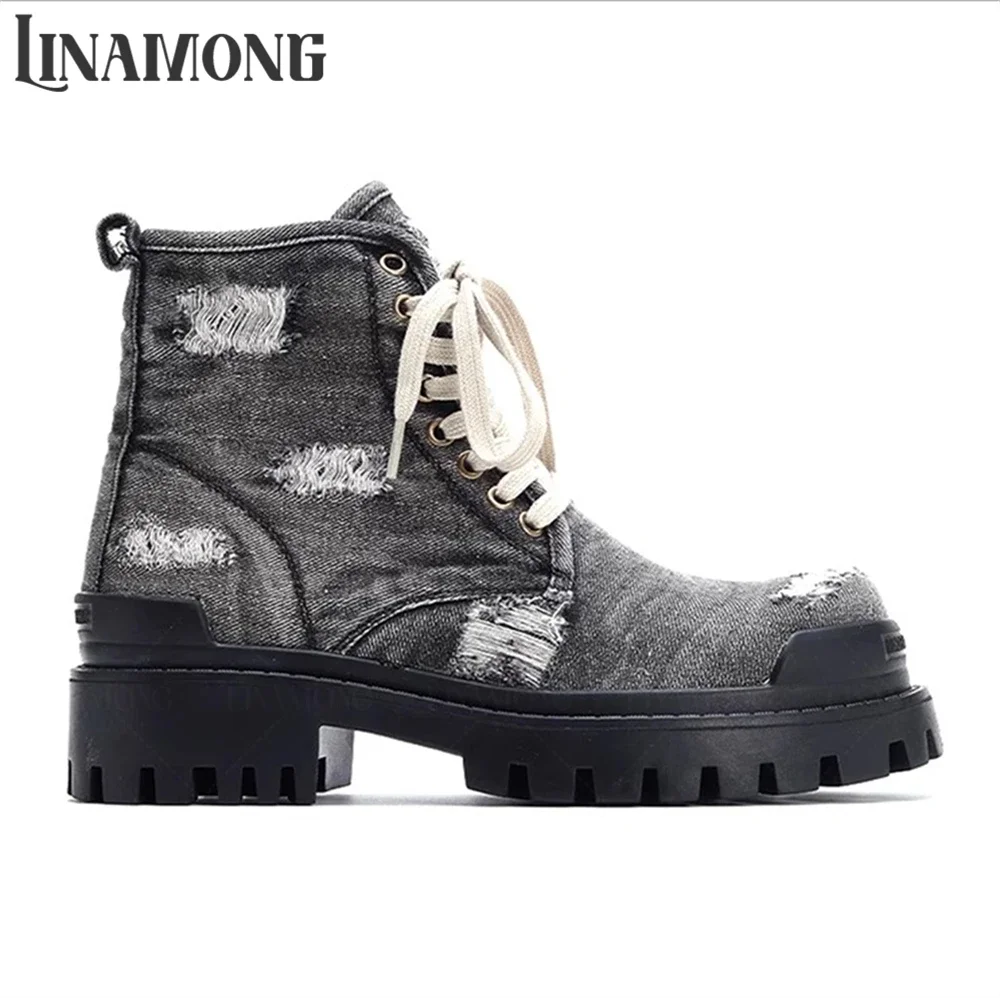 Distressed Style Combat Booties Weathered Cotton Canvas Ankle Boots Lace up Closure Thick Rubber Track Soles Retro Boots for Men