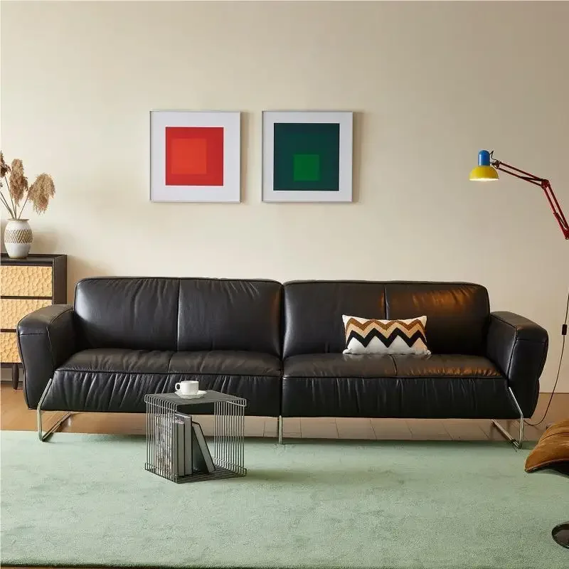 yjq antique style, living room straight row black first layer cowhide retro sofa combination