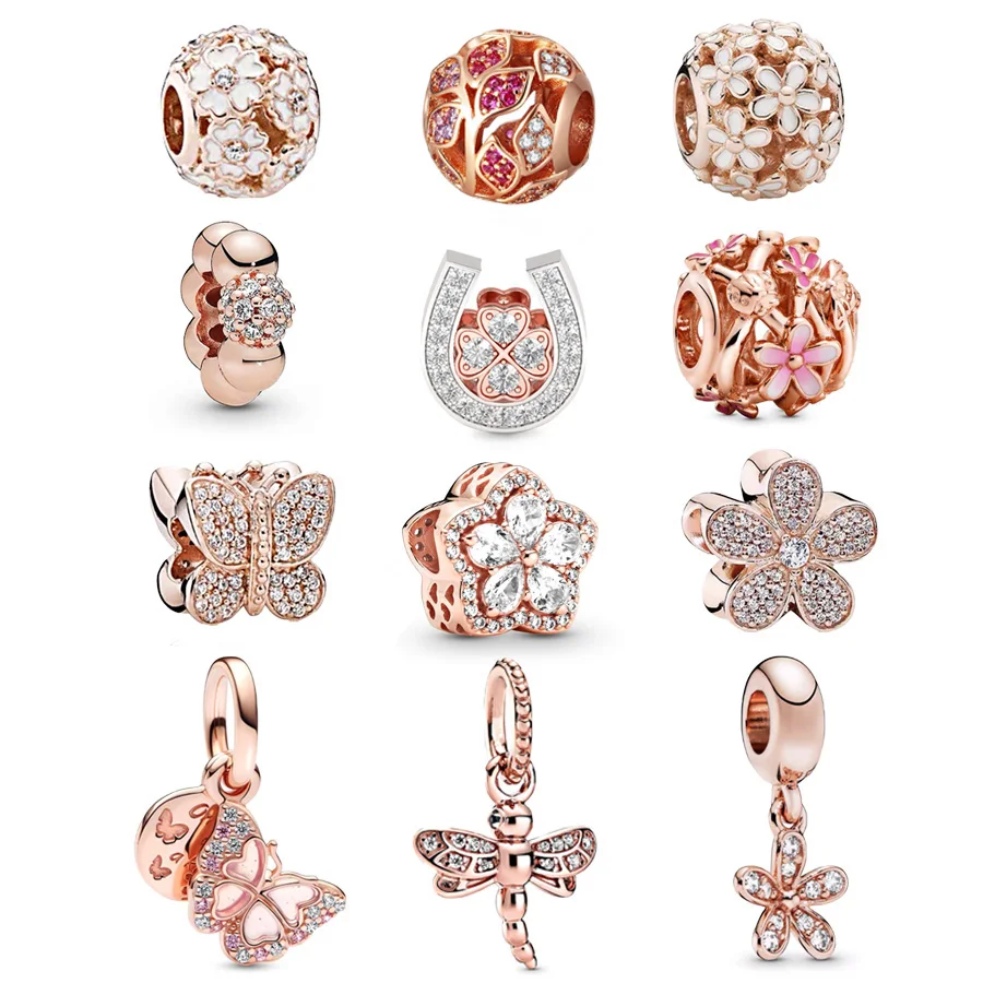 Rose Gold Plated Lucky Horseshoe Daisy Flower Butterfly Trinket Dangle Charm Bead Fit Original Silver 925 Bracelet Women Jewelry