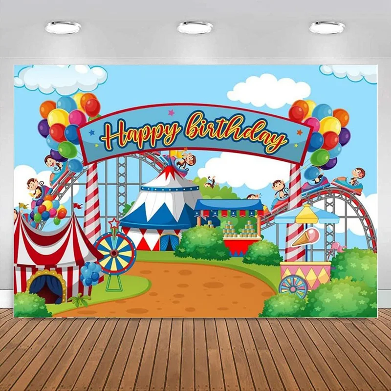 

Circus Carvinal Backdrop Carousel Kids Birthday Photography Background Monkey Theme Boys Girls Birthday Party Banner Decorations