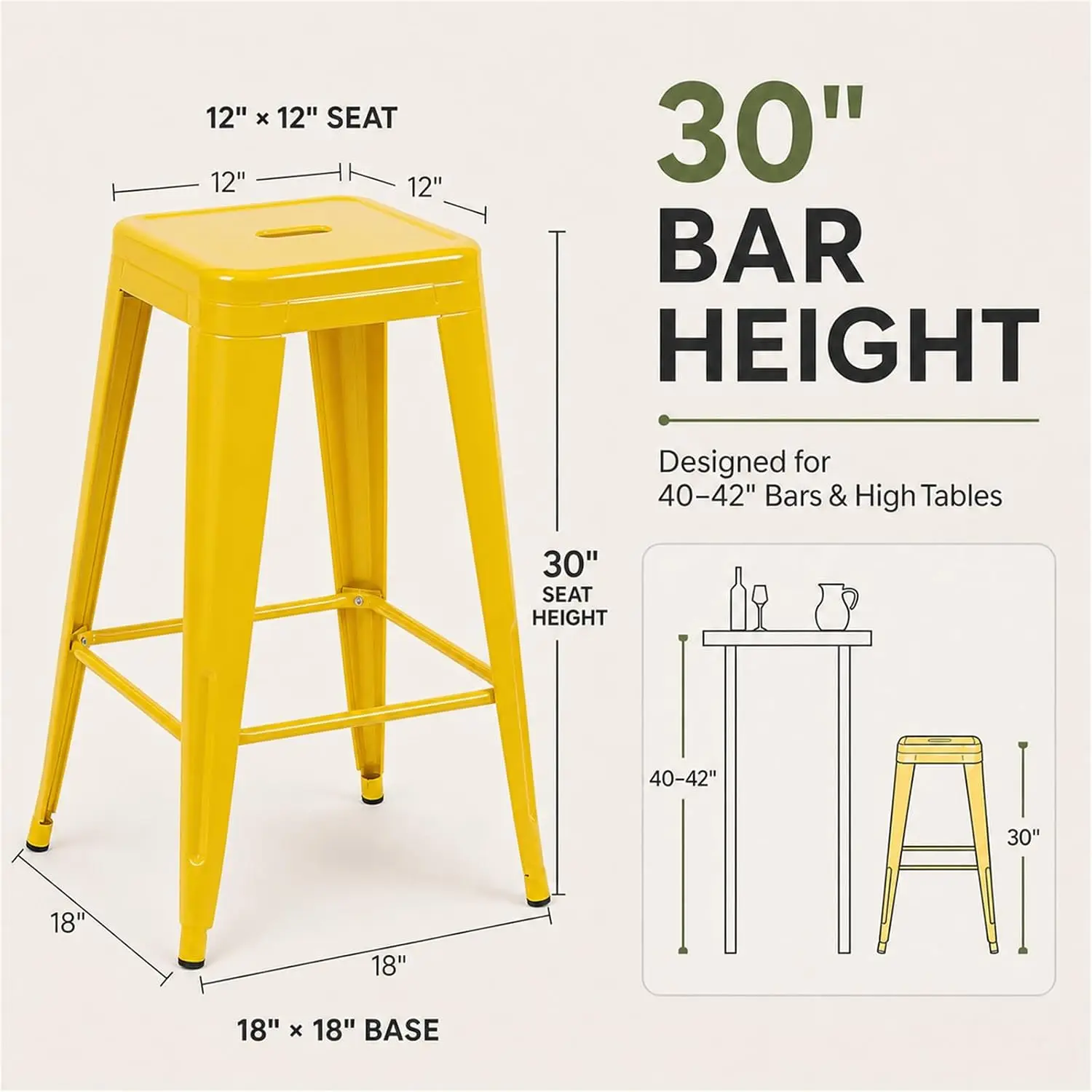 30 Inch Backless Metal Bar Stools, Stackable Set of 8, Yellow