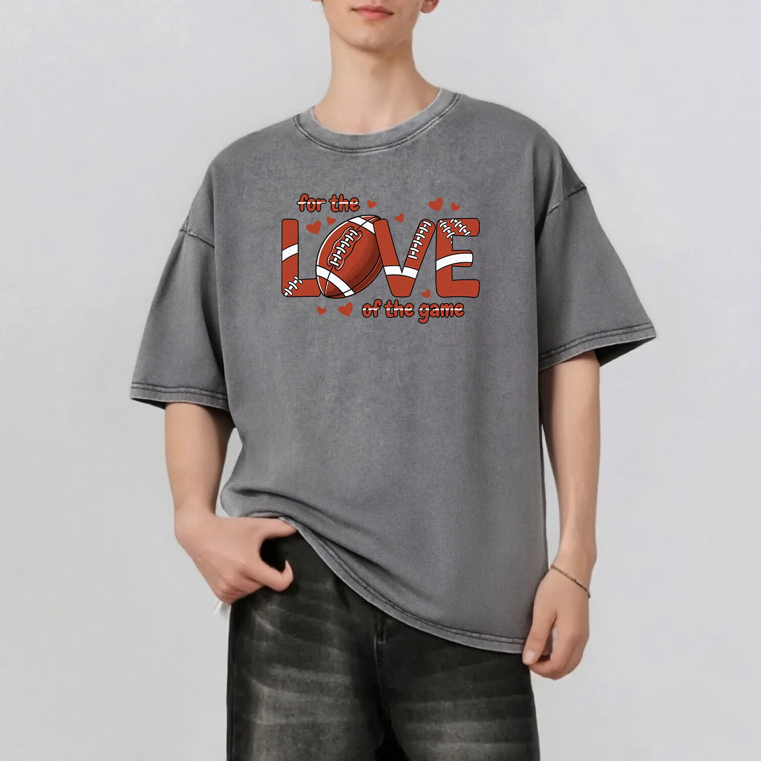 

American Football Graphic Printing Men's Summer Retro Style Washed Water T-Shirt Casual Short Sleeved Basic Men's Top 230G