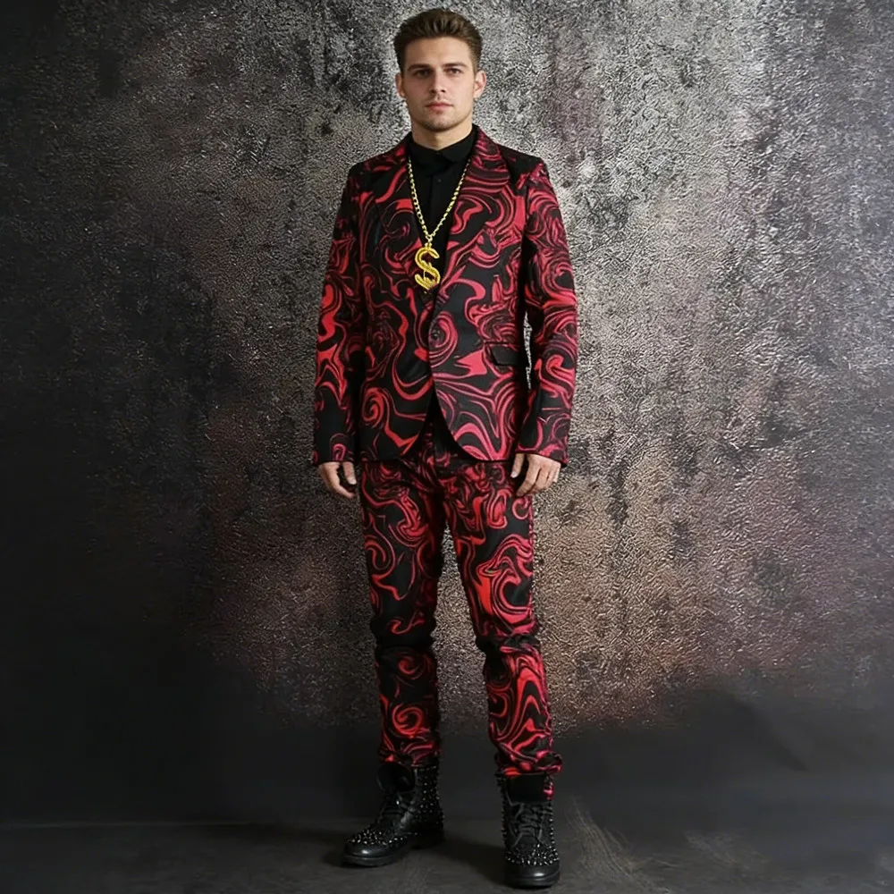 Personality Men's Printing Suits Bar Nightclub Singer Stage Performance Clothes Party Show Outfit Red Black Blazer Pants Set