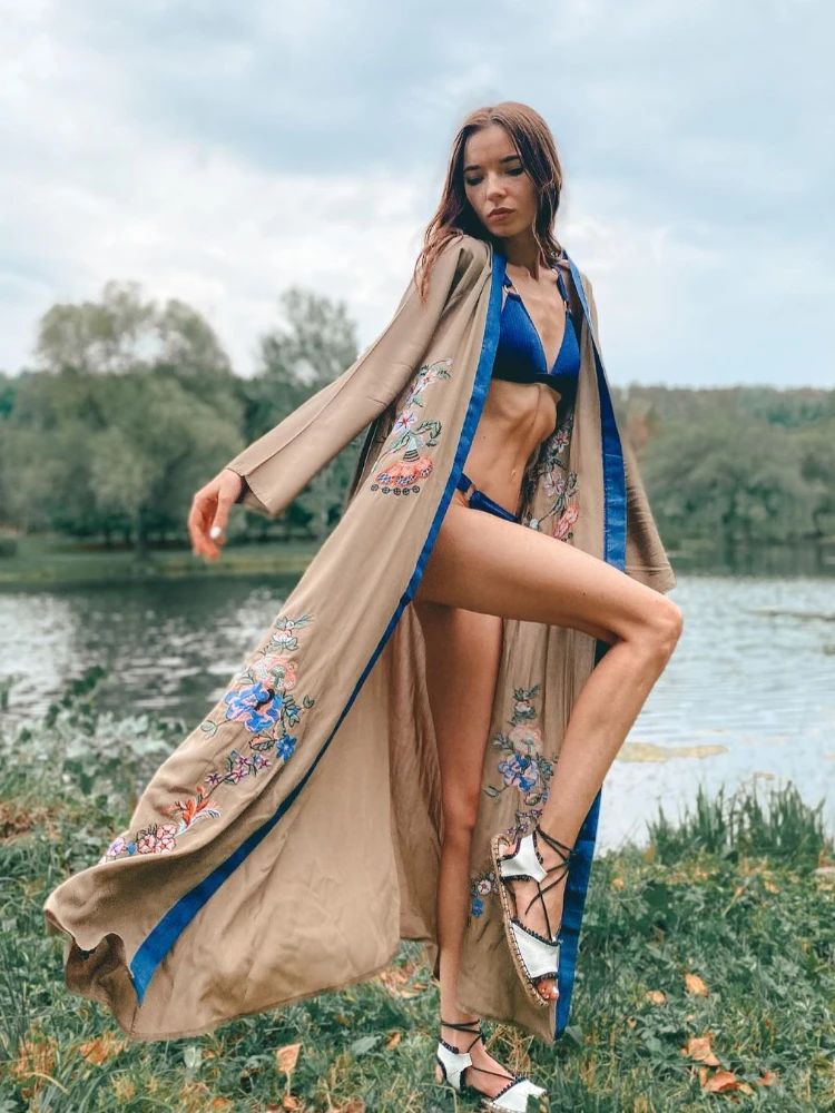 Haftowany Kaftan i tunika na plażę okrycie plażowe strój kąpielowy Saida De Praia kobiety osłona do Bikini Pareo Sarong plażowe # Q882