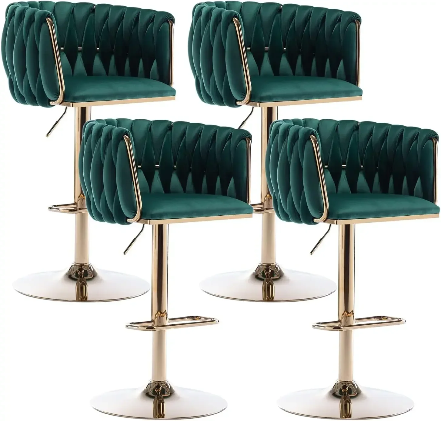 Kiztir 360° Velvet Swivel Bar Stools Set of 4, Adjustable Counter Height Bar Chairs with Woven Back & Footrest, Luxury Gold Bar