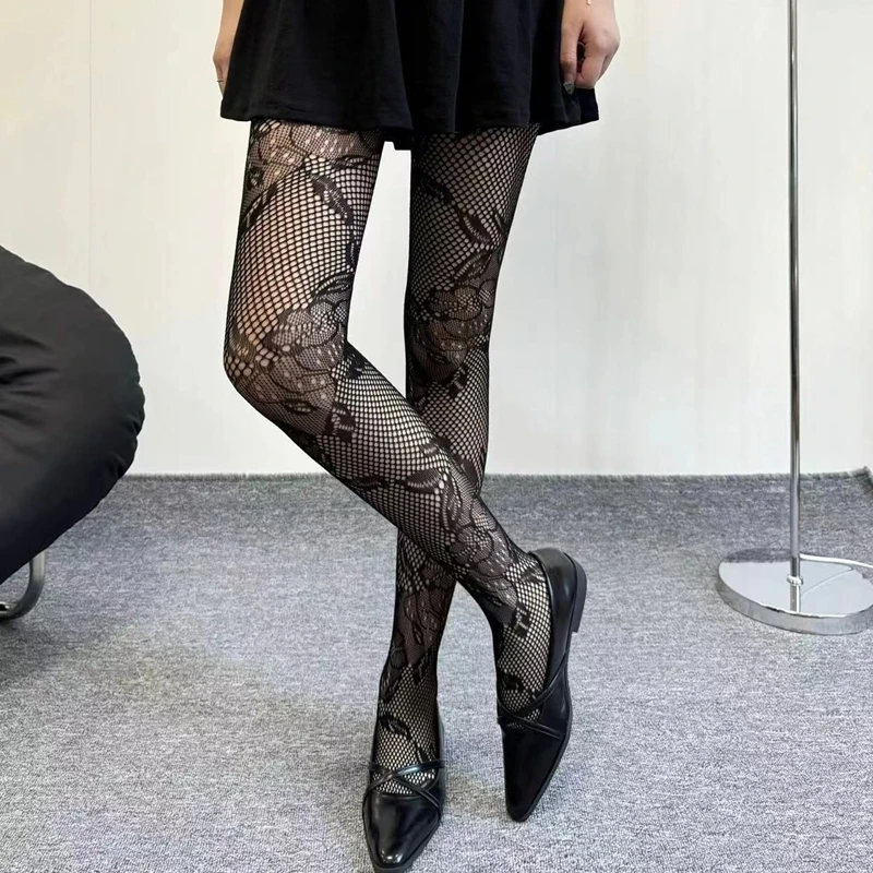 Summer Retro Women's Tights Sexy Lace Floral Fishnet Ladies Pantyhose Breathable Mesh Female Tights Ultra Thin Long Stockings