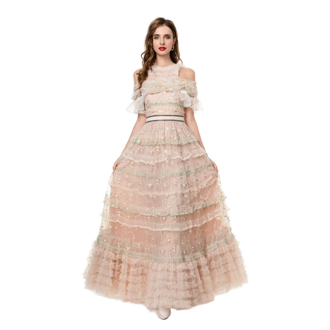 Vestidos femininos o pescoço mangas curtas sexy fora do ombro bordado em camadas babados elegante designer vestido de noite baile tamanho s4x