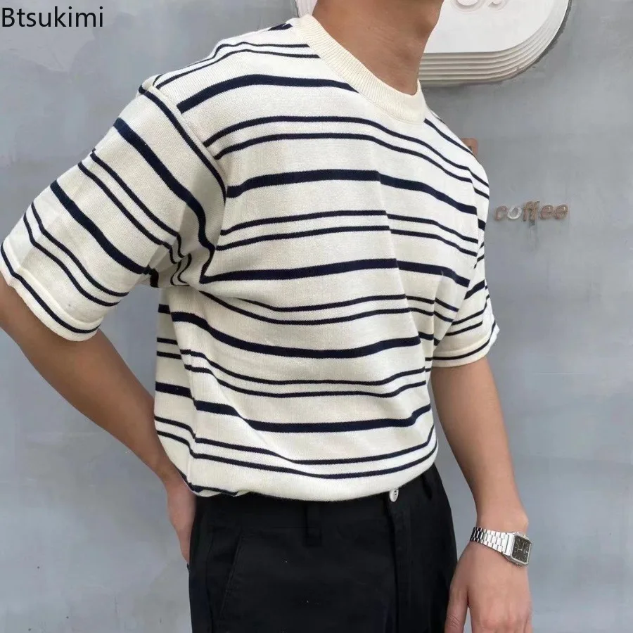 

Summer Fashion Versatile Knitting O-neck T-shirts for Men Casual Loose Short-Sleeved Tops Men Striped Personalized Daily Clothes