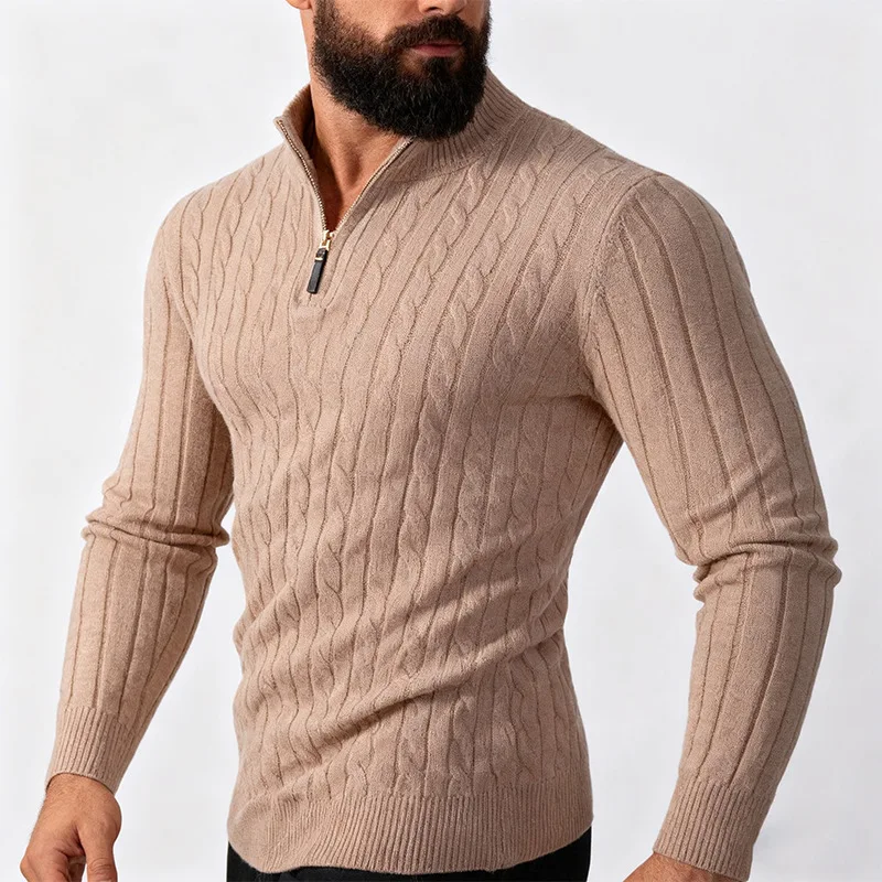 2026 Men Flat Knitted Solid Mock Neck Sweater Zipper Pullovers Spliced Jumpers Long Sleeve Slim Fit Sheath Casual Standard Wool