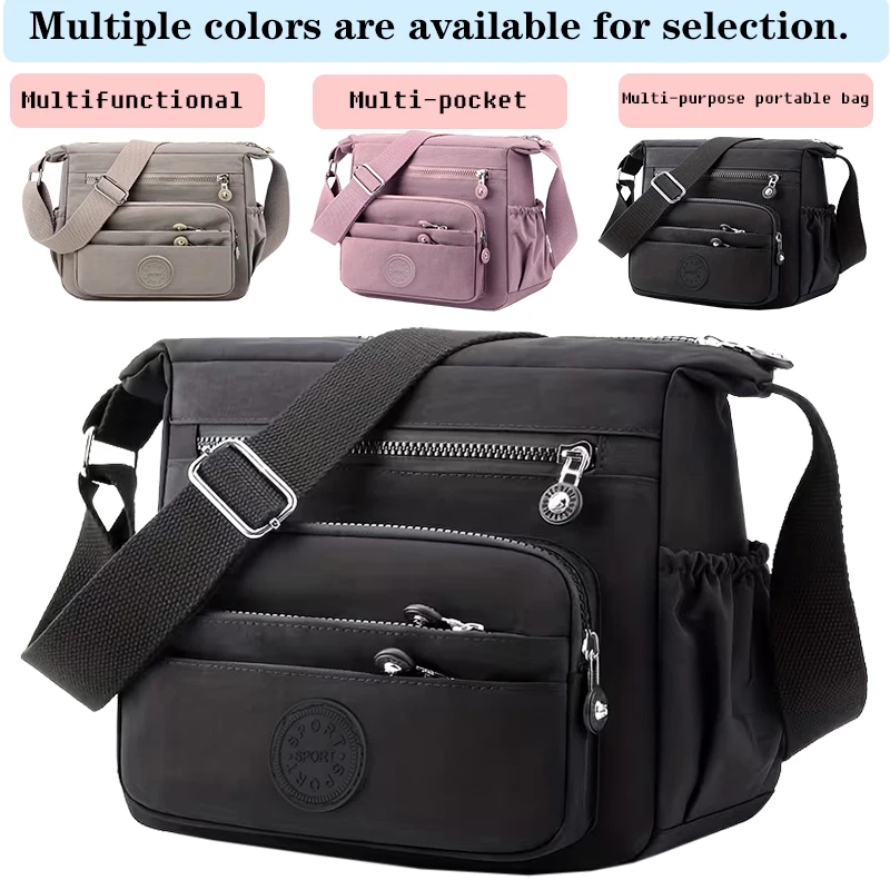 Women Nylon Crossbody Bag Multi Pocket Casual Shoulder Handbag Lightweight Waterproof Multi‑layer Zipper Messenger Bag Adjustabl