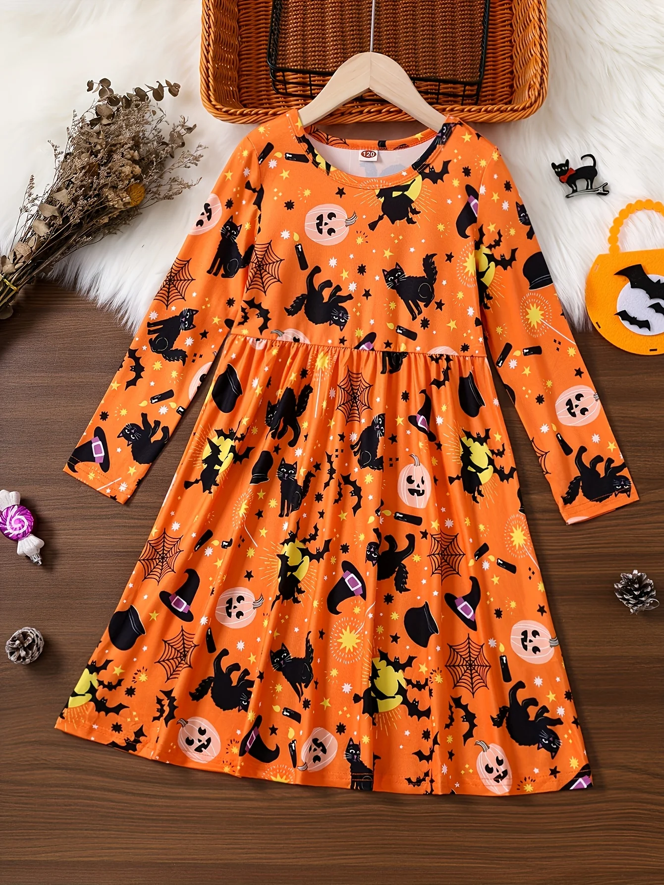 

Girl Halloween Cat and Bat Full Printed Long Sleeve Dress, Sweet and Fashionable Dress, Perfect for Party-Y240814