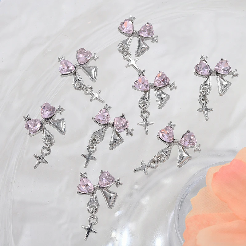 10 Pcs Zircon Nail Charms Luxury Diamond Inlaid 3D Bow Heart Butterfly Nail Charms Chain Manicure Accessories