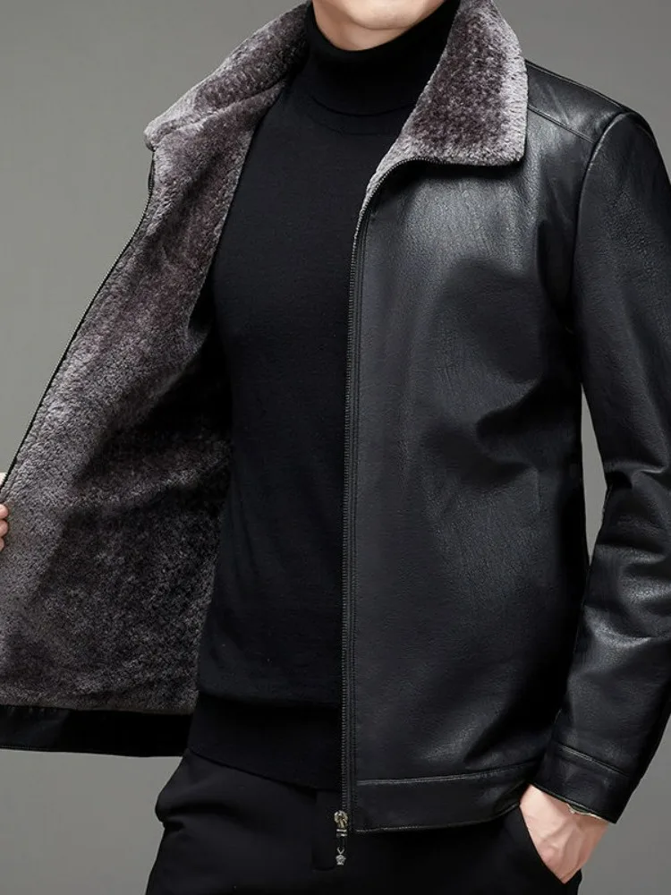 

Men's Winter Thiened Fce Lined Leather Jaet Hooded Faion Casual Simple Matching Mid-aged Men's Straight Cut Bellow