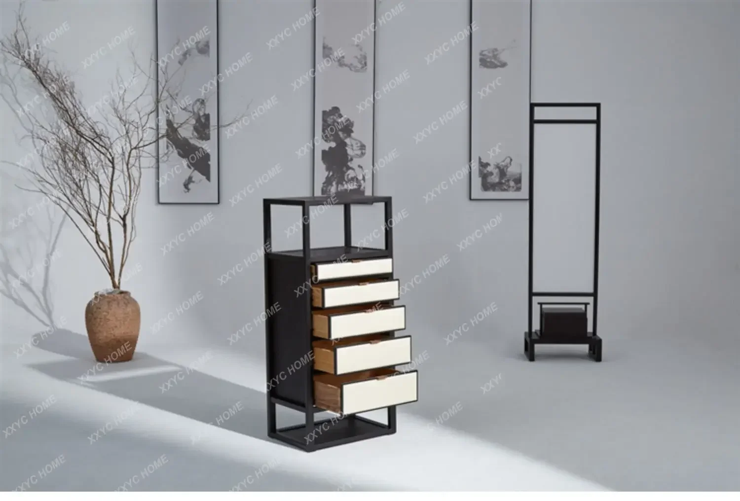 New Chinese Style Chest of Drawers Zen Solid Wood Chest of Drawers Locker Bedroom Ash Furniture B & B